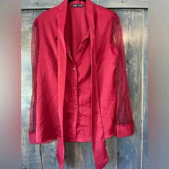 Elegant Red Bow Tie Blouse with Polka Dot Mesh Sleeve Romantic Statement Top A67 - Picture 5 of 8